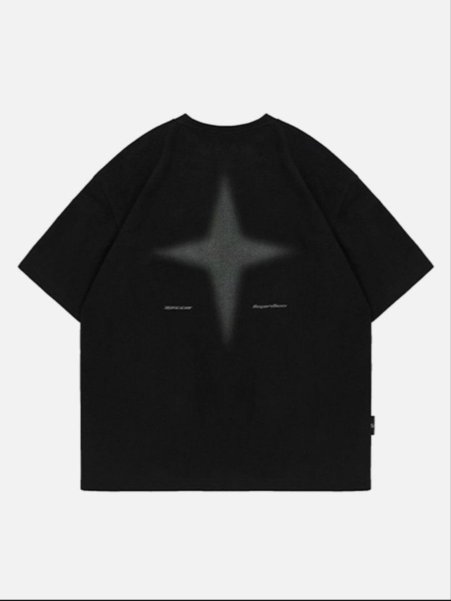 Black t-shirt with a star design on a white background