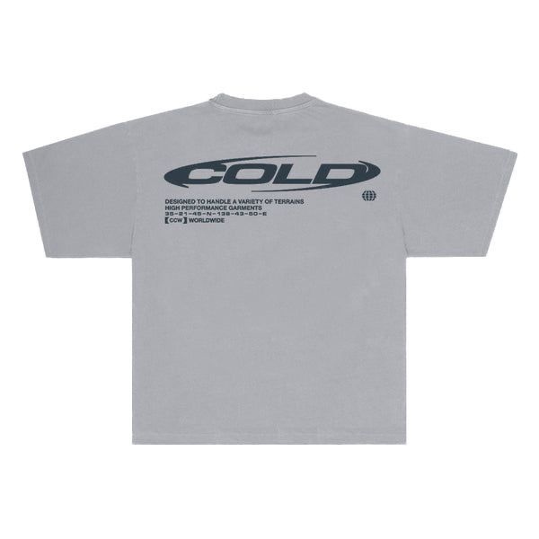 Gray t-shirt with black text and logo on a white background